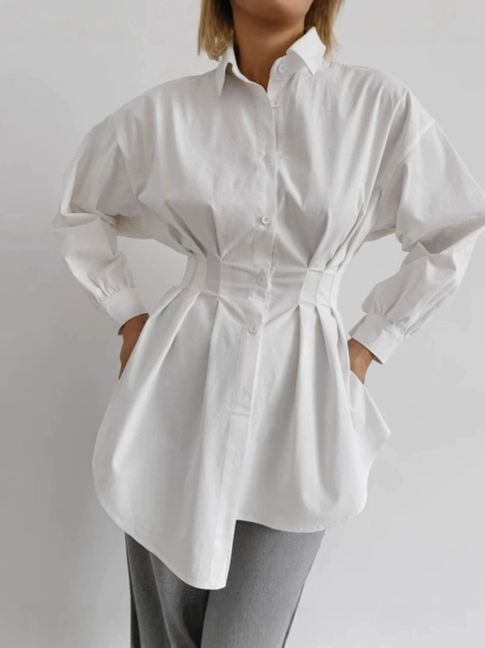 Forever 21 Slim Fit Pleated Waist Long White Shirt Spring Layering - Picture 4 of 6